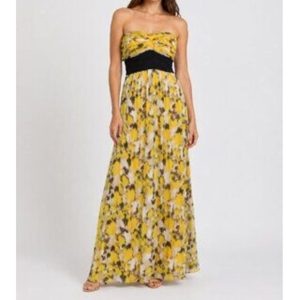BCBGMAXAZRIA 100% Silk Strapless Floral Maxi Dress Yellow Black Size 4